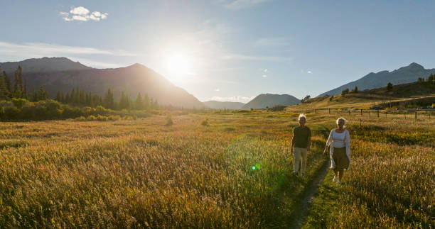 istock Mature couple hike in meadow in autumn 2184971843