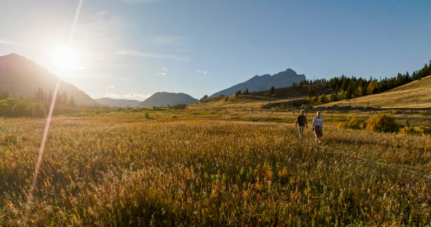 istock Mature couple hike in meadow in autumn 2184971998
