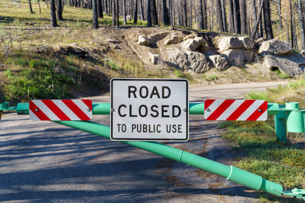 istock A road closed sign in front of a gate in the forest 2184978941