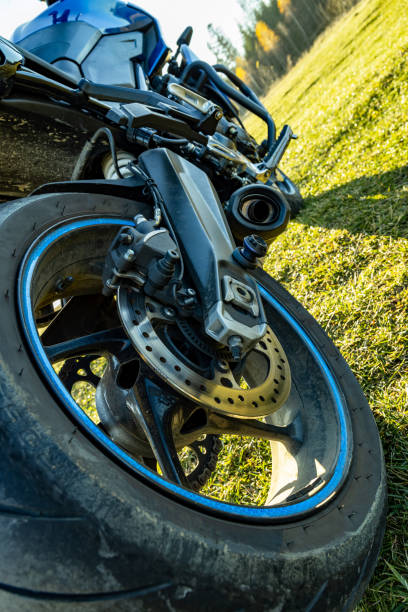 istock Sport motorcycle parked, view from the rear wheel. 2184980633