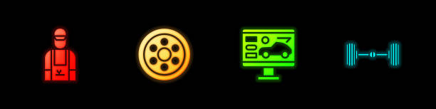 istock Set Car mechanic, Alloy wheel, Diagnostics condition of car and Chassis icon. Vector 2184980833