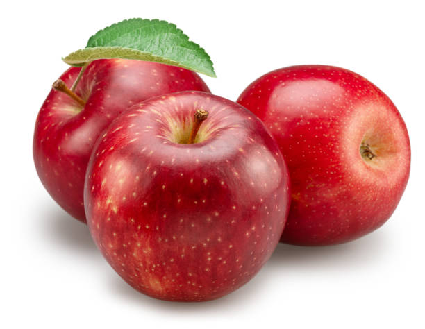 istock Ripe red apples with green apple leaves on white background. File contains clipping path. 2184982850