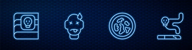 istock Set line Petri dish with bacteria, Book about poisons, Man poisoning and Cigarette. Glowing neon icon on brick wall. Vector 2184984535