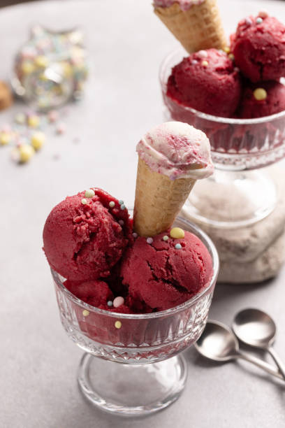 istock Red raspberry ice cream balls in a creamer 2184986098