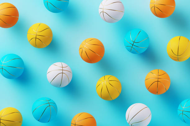 Basketball Balls Flying on Neon Lighting Background. Digitally generated image. 3d render.