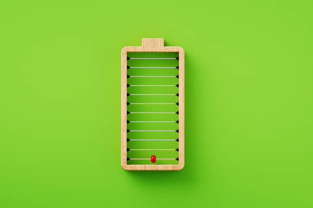 Low battery symbol made of abacus on green background. Horizontal composition with copy space. Battery life and charging concept.