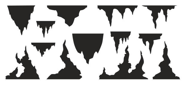 silhouetten-stalagmiten. cartoon-spiel-asset einer dunklen unterirdischen höhle mit steinformationen, geologie-hintergrundelementen. vektor-stalaktiten und stalagmiten set - tropfsteinhöhle stalaktiten stock-grafiken, -clipart, -cartoons und -symbole