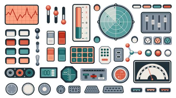 Retro dashboard UI. Futuristic spaceship control panel with dials knobs switches and indicators, vintage sci-fi game screen. Vector illustration.