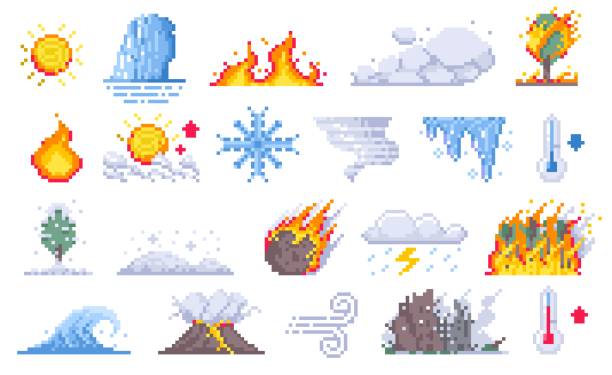 Pixel cataclysm. Retro 2D game volcano eruption with fire, smoke, lava and rocks, mountain explosion with meteorite impact. Vector disaster illustration.