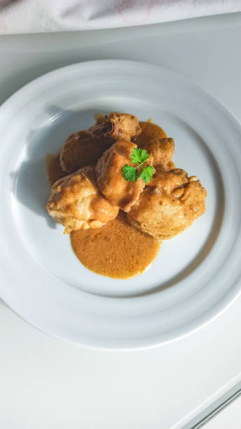 istock chicken with sauce on a white plate 2184992564