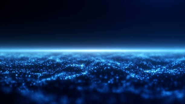 istock Blue digital water surface made of glowing energy flowing particles with white shining sunset. Futuristic fantasy hi tech technology screensaver for business. 2185000749