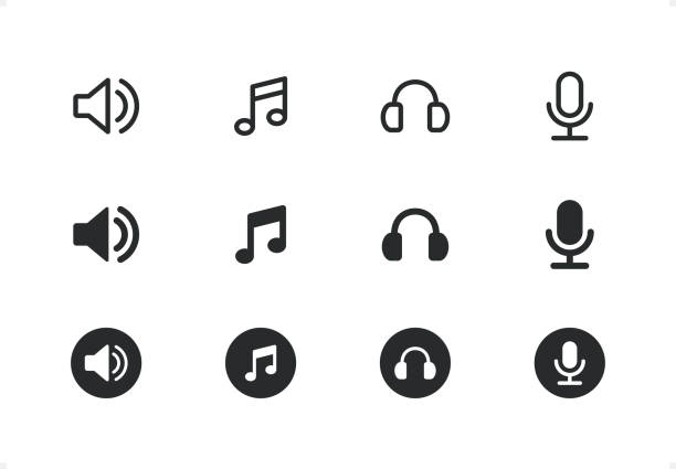 Music line- and solid-style icon set #12Specification: 12 icons, 48×48 pх, EDITABLE stroke weight! Current stroke: 3 px. Contain line- and solid-style icons.Features: Pixel Perfect, Unicolor, Editable weight thin line.Rows of  icons contains:Music, Sound, Sound Volume, Musical Note, Headset, Microphone.Check out the complete Combico collection — https://www.istockphoto.com/collaboration/boards/IEJwcOQjbkiD4IwTqZehSA