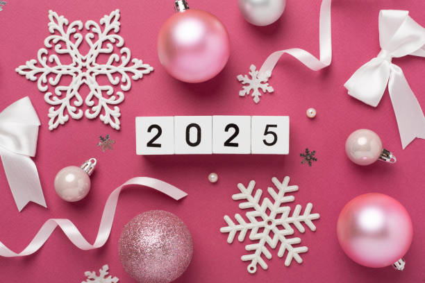 istock 2025 with confetti and decor on color background, top view 2185004257