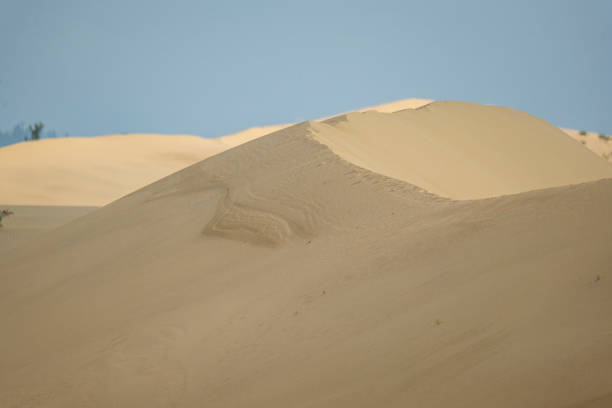 Golden desert dunes with sparse vegetation are illuminated by sunbeams breaking through a dramatic sky, creating a serene and awe-inspiring landscape with distant mountains.