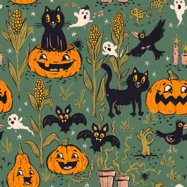 Funny Halloween vintage pattern in retro cartoon style. Cute black cats, pumpkins and bats for Halloween party.