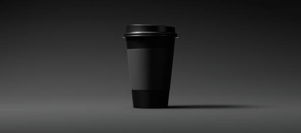 istock Minimalist Black Blank Paper Coffee Cup with holder centered on a black background. Takeaway paper coffee cup 3d render illustration 2185009820