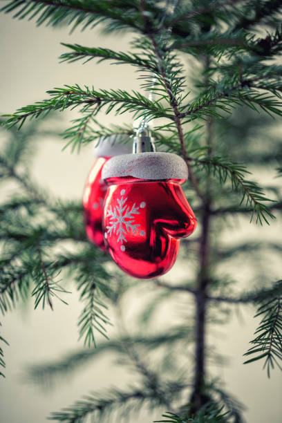 istock Christmas tree decorations mittens on young christmas tree close up 2185010137