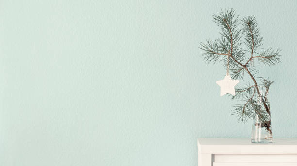 Christmas background with a pine branch in a glass vase