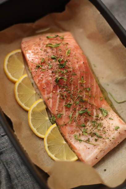 istock Raw Salmon Fillet with Lemon and Herbs in Baking Dish 2185012551