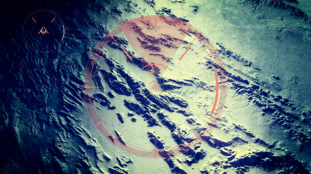 istock War action, drone terrain view. Strategic goals. Radar and enemy aircraft. Night satellite view 2185014490