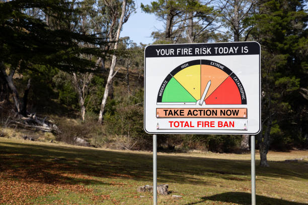 istock The photo shows a fire risk warning sign with an indicator set to Orange Extreme Risk 'Take Action now' and TOTAL FIRE BAN 2185037183