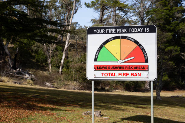 istock The photo shows a fire risk warning sign with an indicator set to red CATASTROPHIC 'Leave bushfire risk areas' and TOTAL FIRE BAN 2185037184