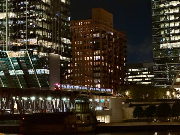 istock Subway in the Chicago Loop crossing a bridge at night. 2185040432