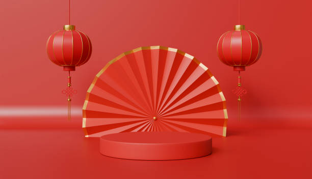 istock Chinese new year cylinder podium with lantern and fan 3d rendering 2185041733