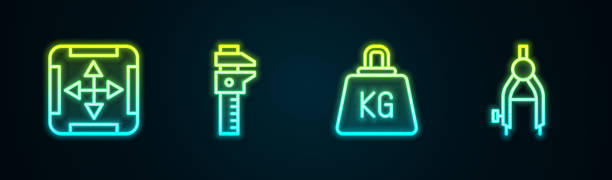 istock Set line Area measurement, Calliper or caliper and scale, Weight and Drawing compass. Glowing neon icon. Vector 2185046111