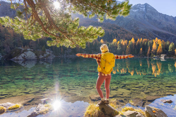 istock Autumn Hiker Admiring Pristine Alpine Lake 2185054221