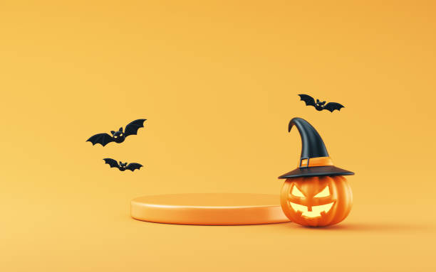 istock Jack-o-Lantern pumpkin in Witch hat on empty product podiums, Flying bats on Orange background 2185054437