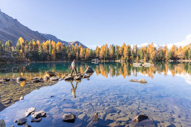A person explores rocky terrain by a reflective alpine lake, framed by vibrant autumn trees and distant mountains under a clear sky.