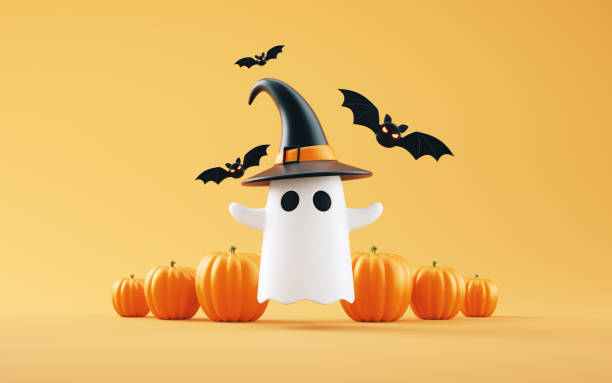 istock Jack-o-Lantern pumpkins and Ghost with Flying Bats. Halloween Concept. 2185054449