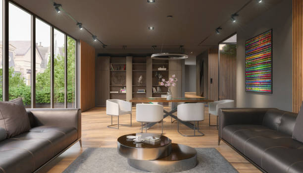 istock 3d rendering of a luxurious apartment with large windows. 2185058270