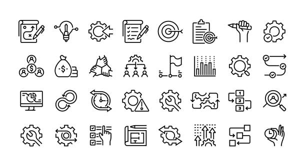 Project line icon set. Group of object. Planning, strategy, innovation, goals, development. Project line icon set. Group of object. Planning, strategy, innovation, goals, development. stakeholder stock illustrations