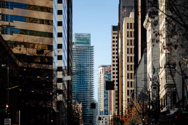 Tall offices and business skyscrapers in the heart of downtown Seattle, Washington. Shot with copy space available.
