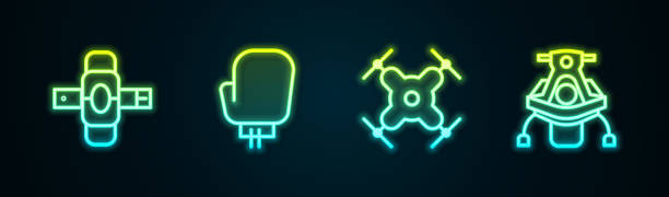 istock Set line Knee pads, Boxing glove, Drone flying and Snowmobile. Glowing neon icon. Vector 2185069134