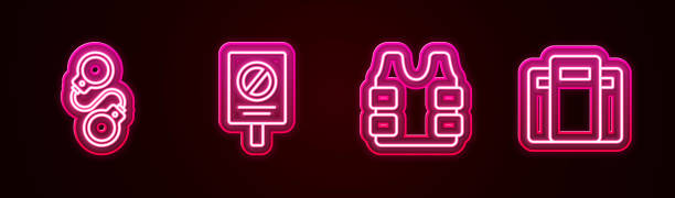 istock Set line Handcuffs, Protest, Bulletproof vest and Police assault shield. Glowing neon icon. Vector 2185074819