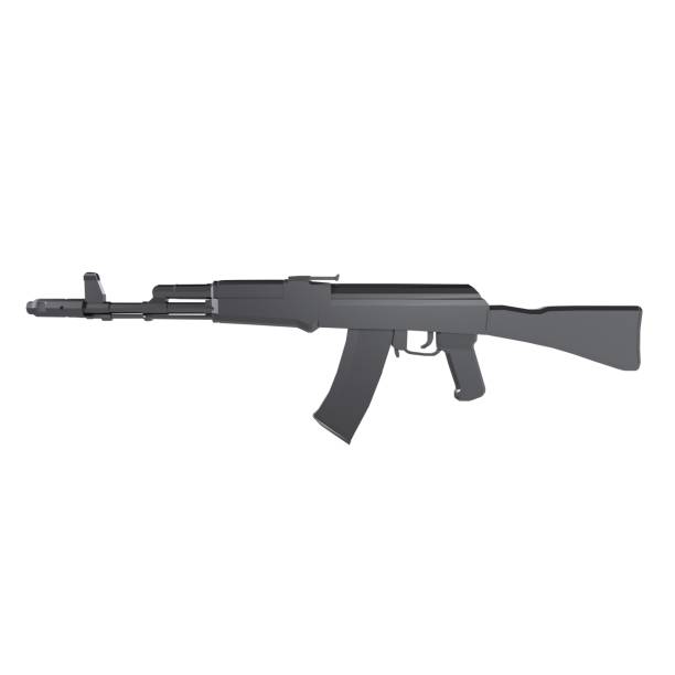 A black assault rifle is showcased on a plain white backdrop, emphasizing its design.
