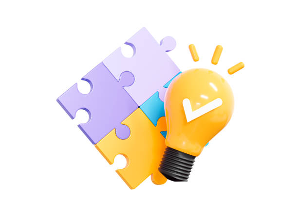 3D Puzzle pieces with light bulb. Business success. Marketing ideas and solutions. Problem-solving. Jigsaw puzzle and lamp. Cartoon creative design icon isolated on white background. 3D Rendering