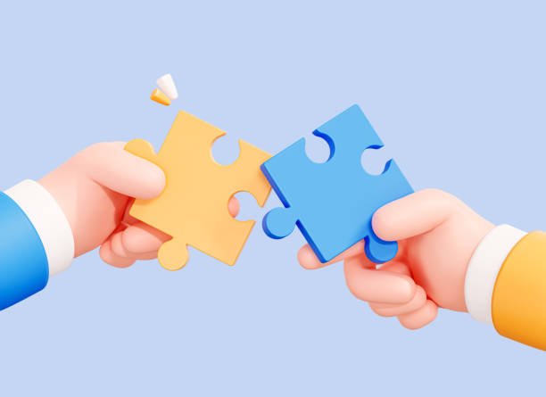 istock 3D Team of people holding puzzle pieces. Partner problem solving. Business idea and solution. Fix problem. Partnership connection. Cartoon creative design isolated on blue background. 3D Rendering 2185078699