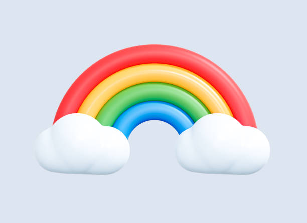 3D Rainbow with clouds. Summertime object. Rainbow emoji. Pride month emoticon. Weather symbol. Cartoon creative design icon isolated on blue background. 3D Rendering