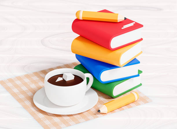 istock 3D Composition with stack of books, coffee cup and pencil. Education concept. Reading books at home. Home library. Exam preparation. Cartoon creative design illustration. 3D Rendering 2185078808
