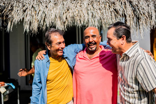 istock Senior friends men talking at house yards 2185083056