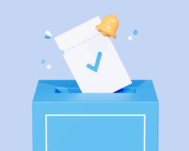 3D Ticket with tick inserted into box. Tasty lucky draw. Lucky lottery ticket.  Raffle drum. Election voting. Choose candidate. Cartoon creative design icon isolated on blue background. 3D Rendering