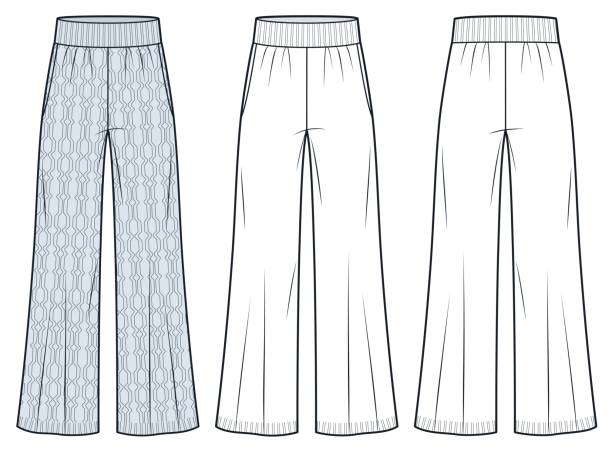 istock Wide Leg Knit Pants technical fashion Illustration, cable pattern. Jogger Pants fashion flat technical drawing template, pockets, rib waistband, front and back view, white, blue, women, men, unisex CAD mockup set. 2185087828