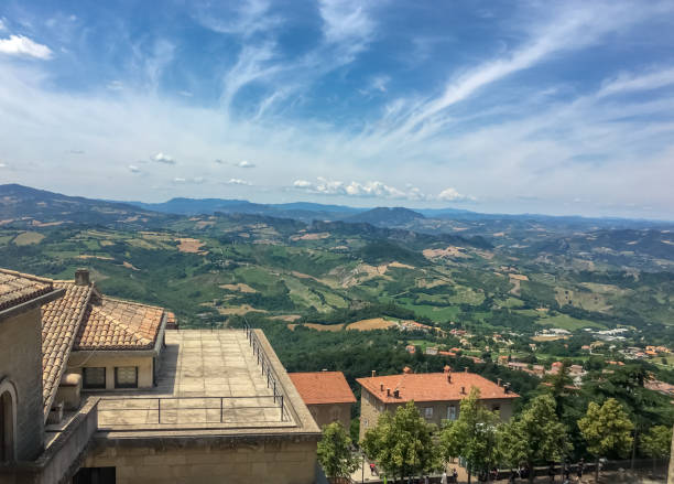 Aerial view of San Marino, showcasing the charming red brick roofs atop houses, historic buildings, and sprawling landscape from the top