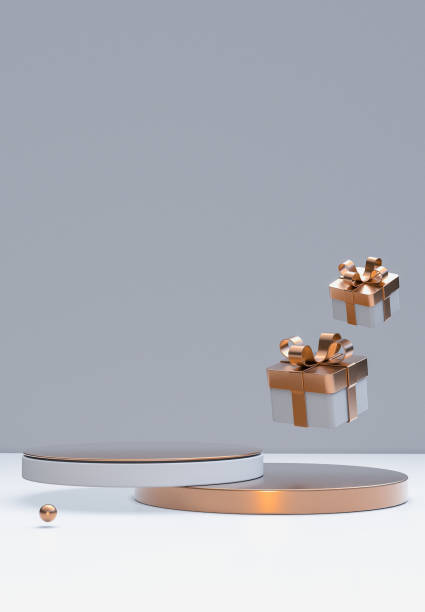 istock 3D golden gray background with round stand, copy space, floating gift boxes. 2185097299