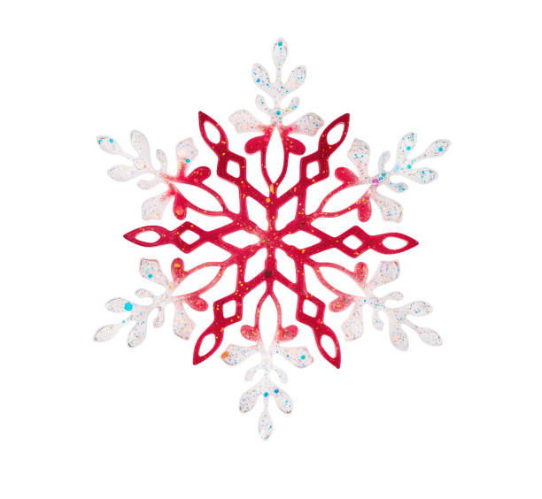 Red glittering snowflake, Christmas decorations, isolated on white isolated background with clipping path. Design element.