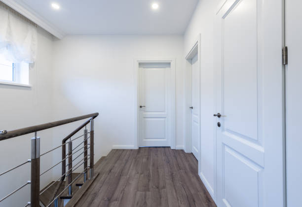 istock Home Second Floor Hall. Interior. Wooden Brown Flooring, Stairs. LED Light. 2185099136